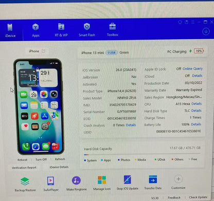 177★ほぼ新品未使用★充電2回★iPhone13mini 512GB海外版/純正バッテリー100%